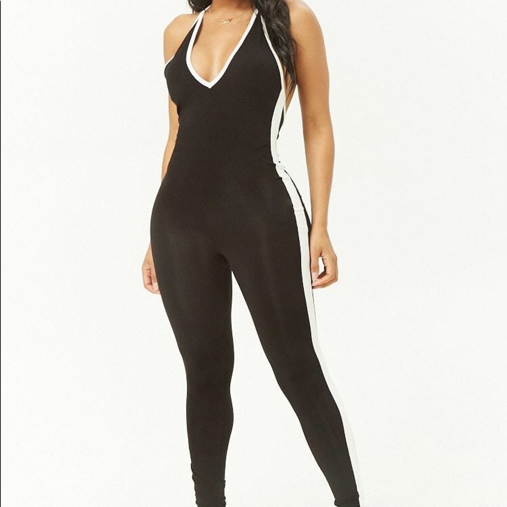 FOREVER 21 SIDE STRIPE HALTER JUMPSUIT